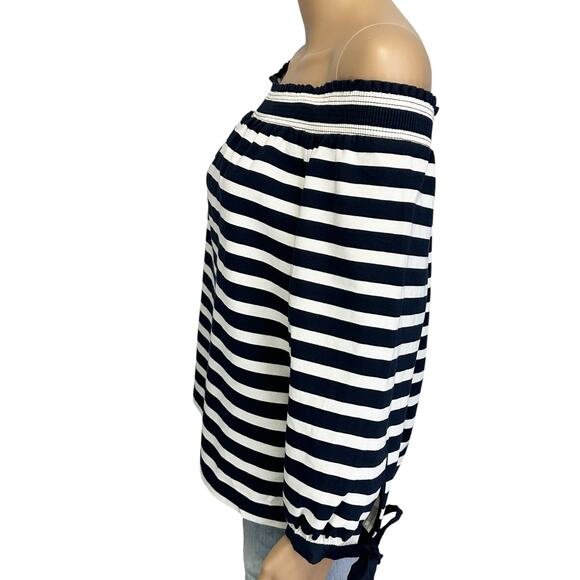 J. Crew Striped Off The Shoulder Top Navy Blue White Bow Sleeve G2549 Size L - Picture 7 of 13